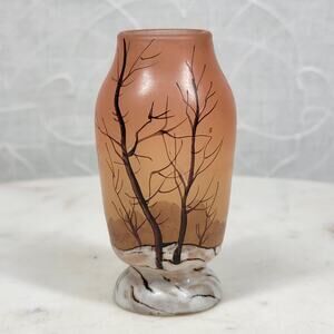 VTG Legras Bud Vase 3.5" Orange Hand Painted Enamel Winter Trees Snow Signed